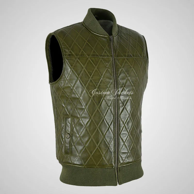 PRIME Olive Green Leather Gilet: Bomber Style, Quilted Body