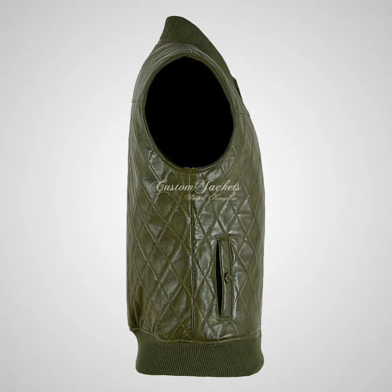 PRIME Olive Green Leather Gilet: Bomber Style, Quilted Body