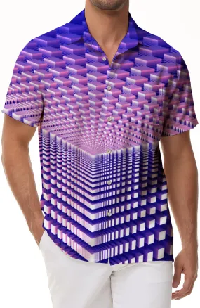 Purple Block Geometric Casual Hawaiian Men's Button Print Shirt Short Sleeve Beachwear