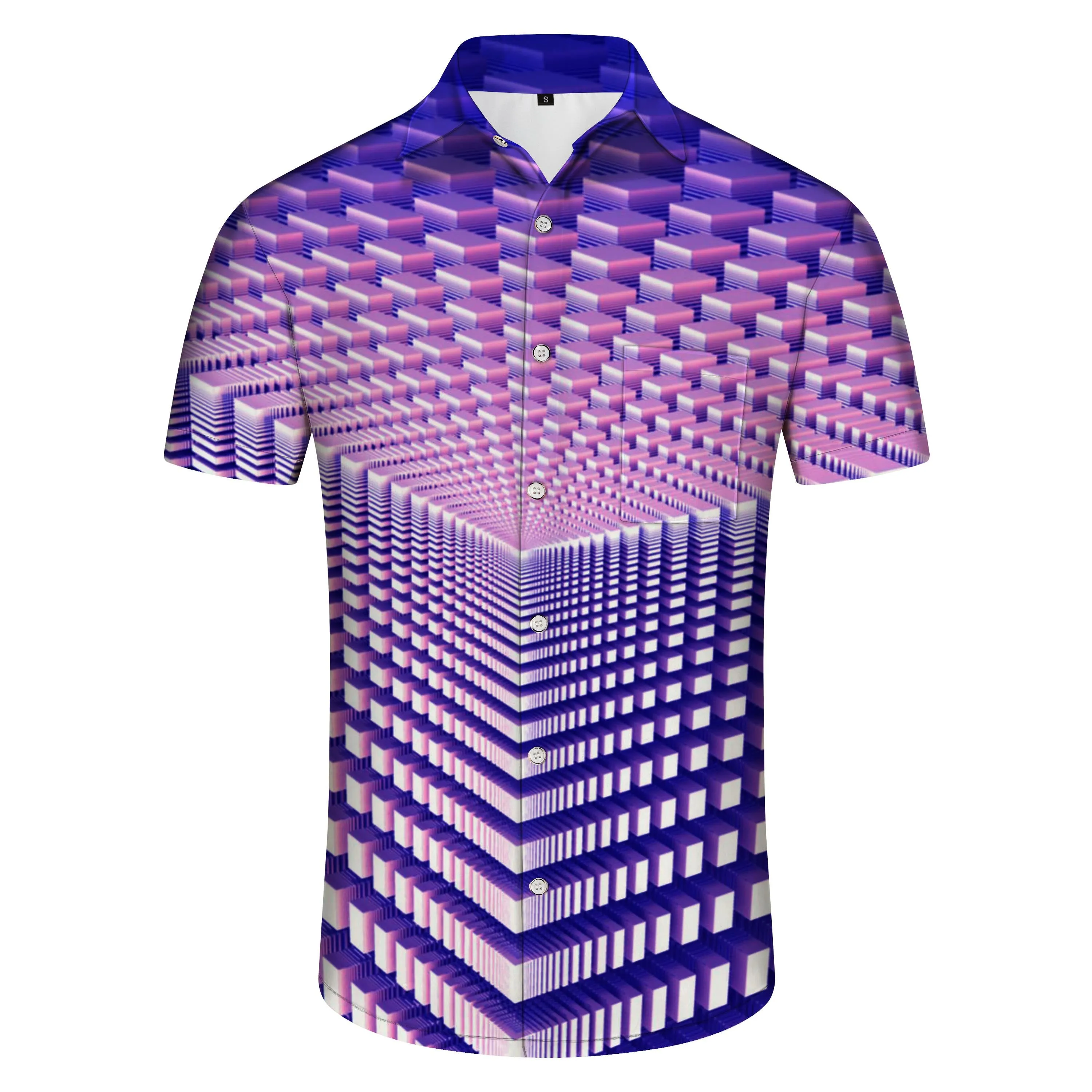 Purple Block Geometric Casual Hawaiian Men's Button Print Shirt Short Sleeve Beachwear