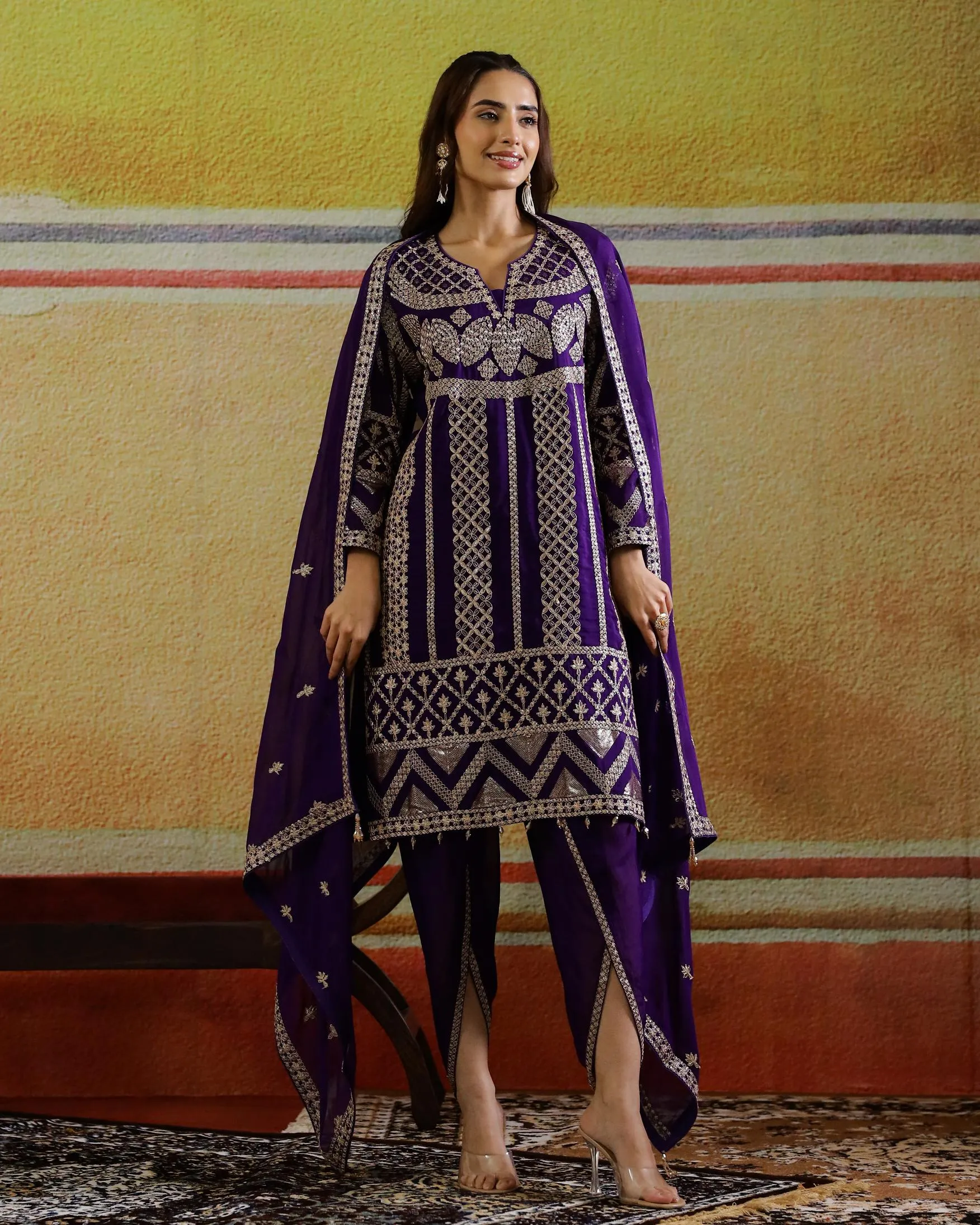 Purple Embellished Premium Silk Dhoti Set