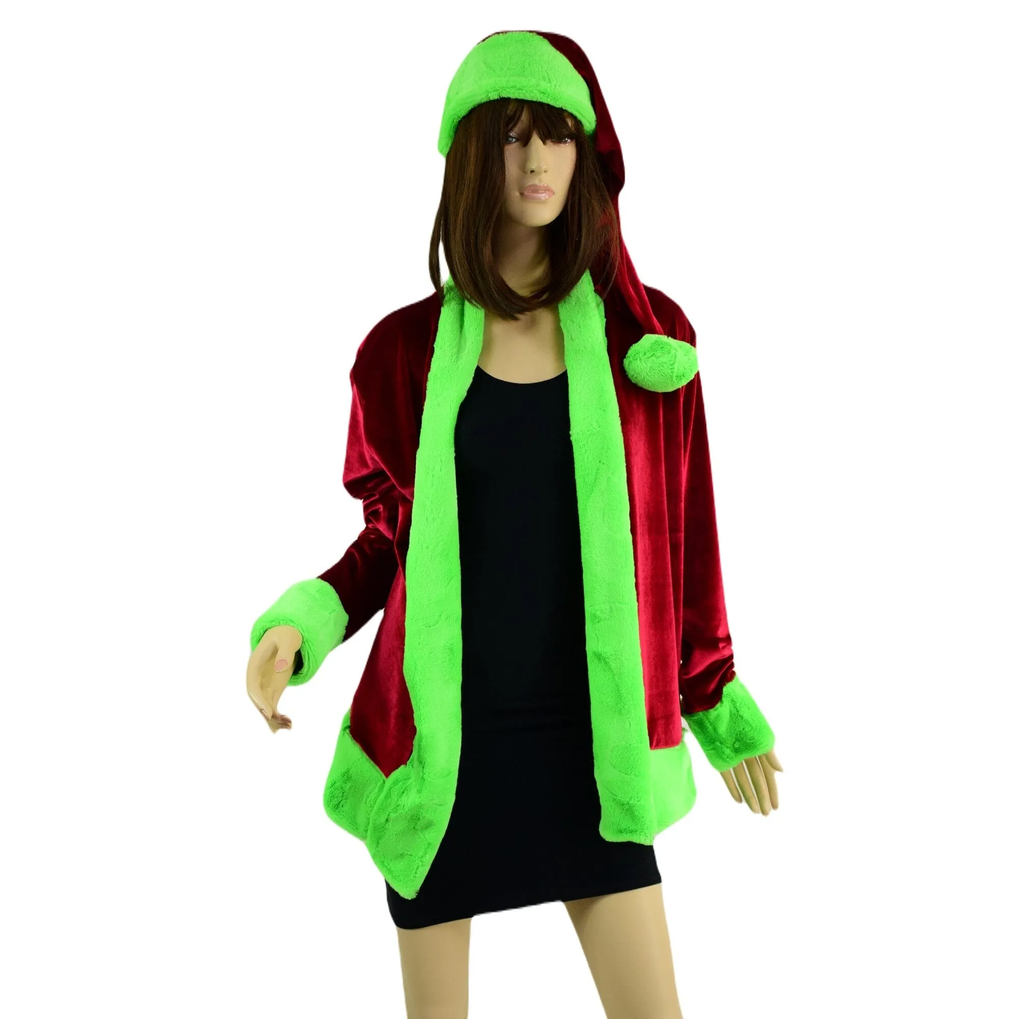 "Mean One" Not a Cardigan and Matching Santa Hat with Neon Green Trim