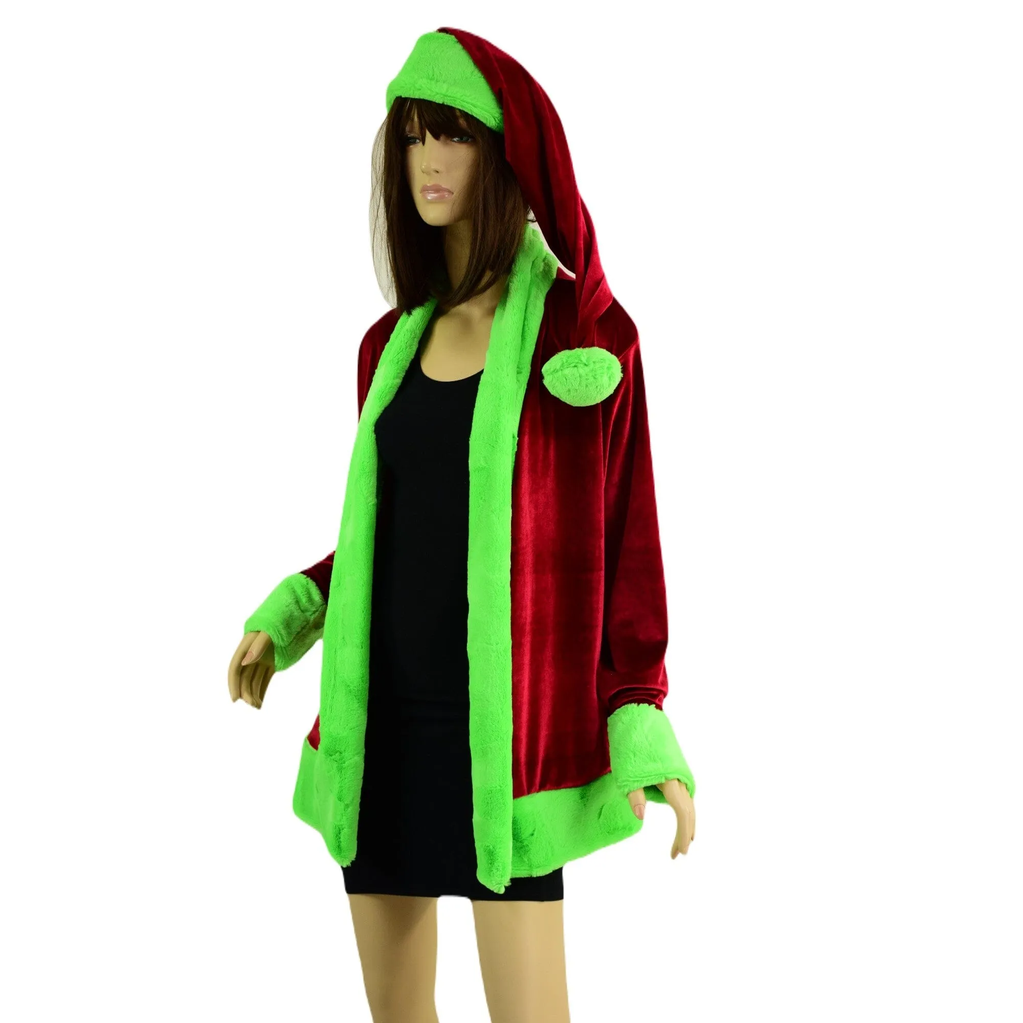 "Mean One" Not a Cardigan and Matching Santa Hat with Neon Green Trim