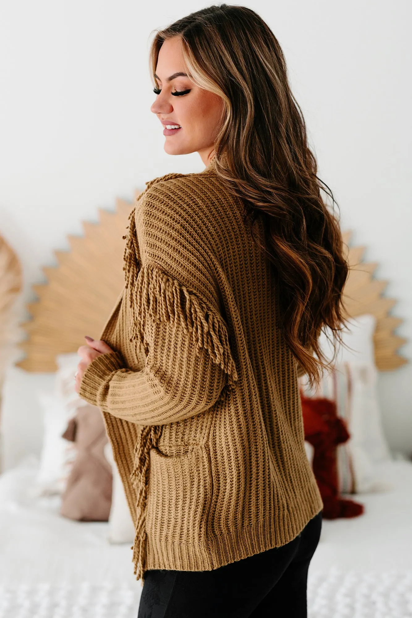 "Pretty Little Fringe" Fringe Knit Cardigan (Walnut)