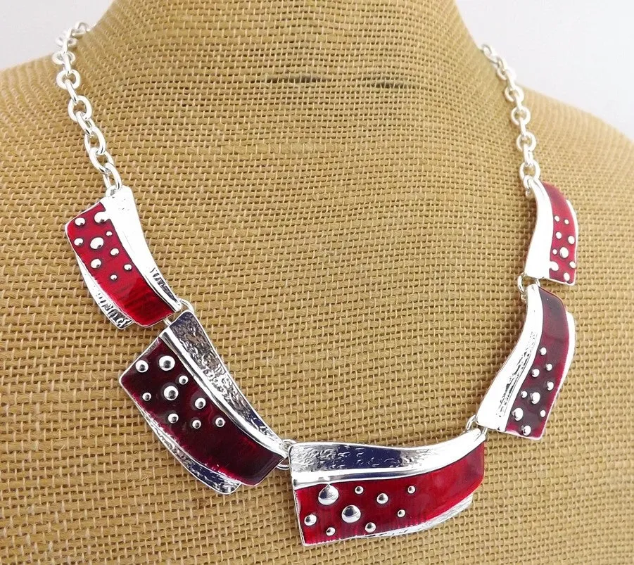 Red & Silver Tone Collar Necklace