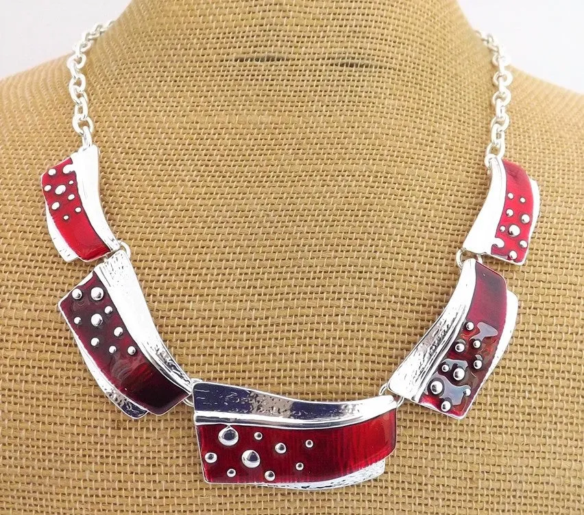 Red & Silver Tone Collar Necklace