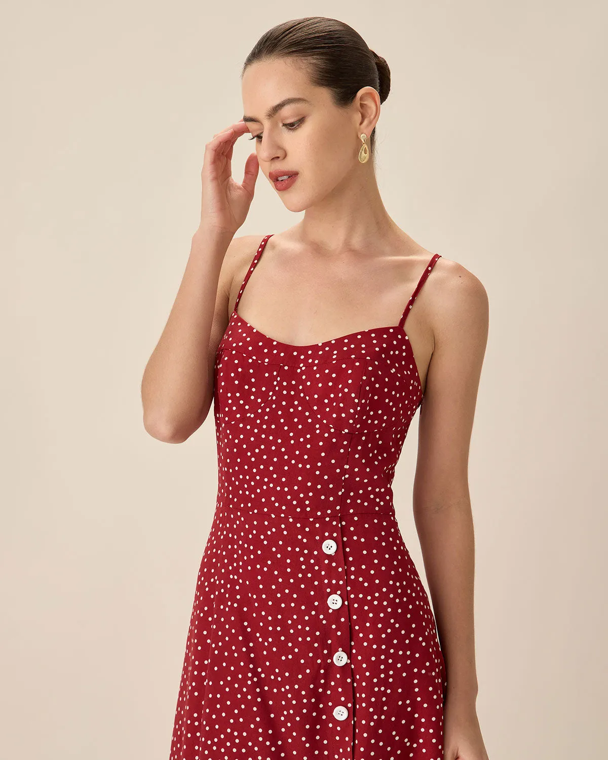 Red Polka Dot Slip Midi Dress