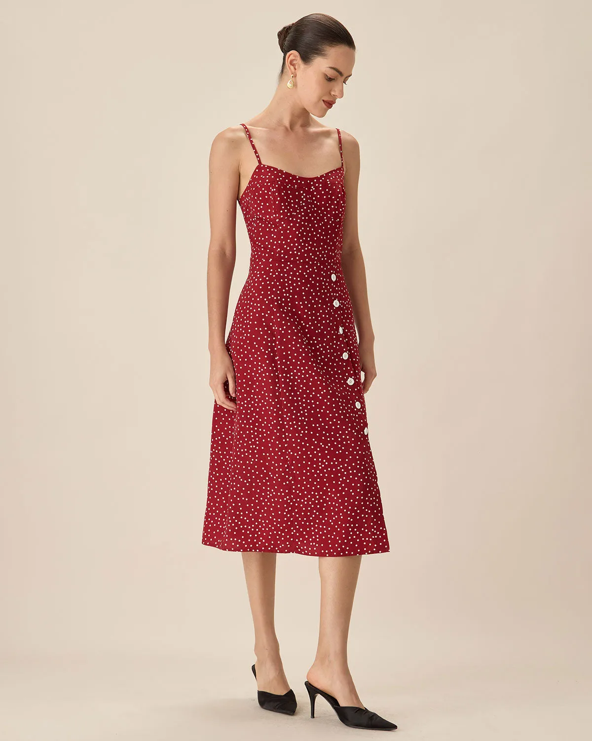 Red Polka Dot Slip Midi Dress