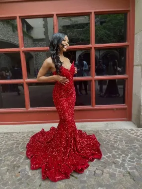 Red sequin prom dress, long mermaid prom dresses    fg3410