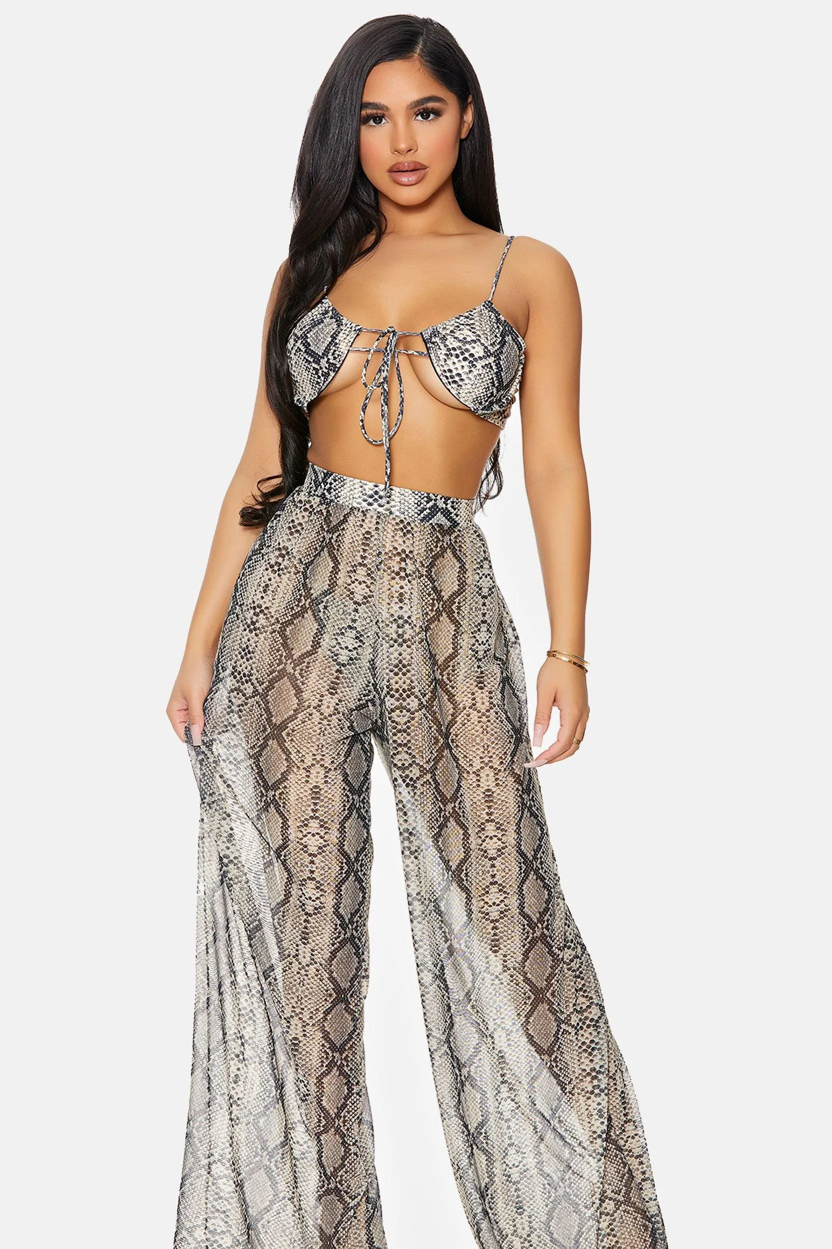 Reptile Snake Print Coverup Mesh Sheer Pool Swimwear High Waist Bottom Pants