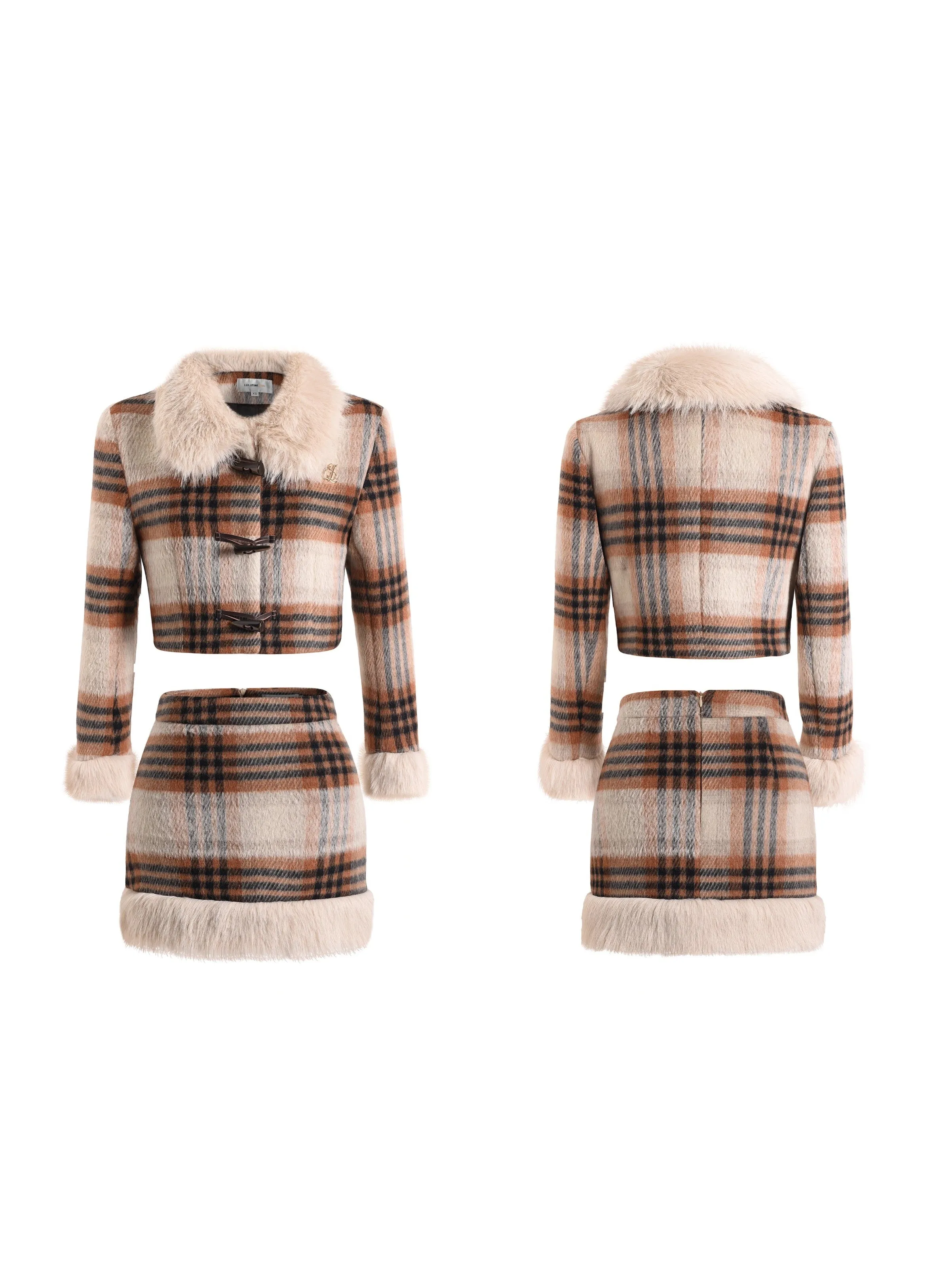 Retro Plaid Fur Collar Short Jacket ＆ Fur Edge Skirt