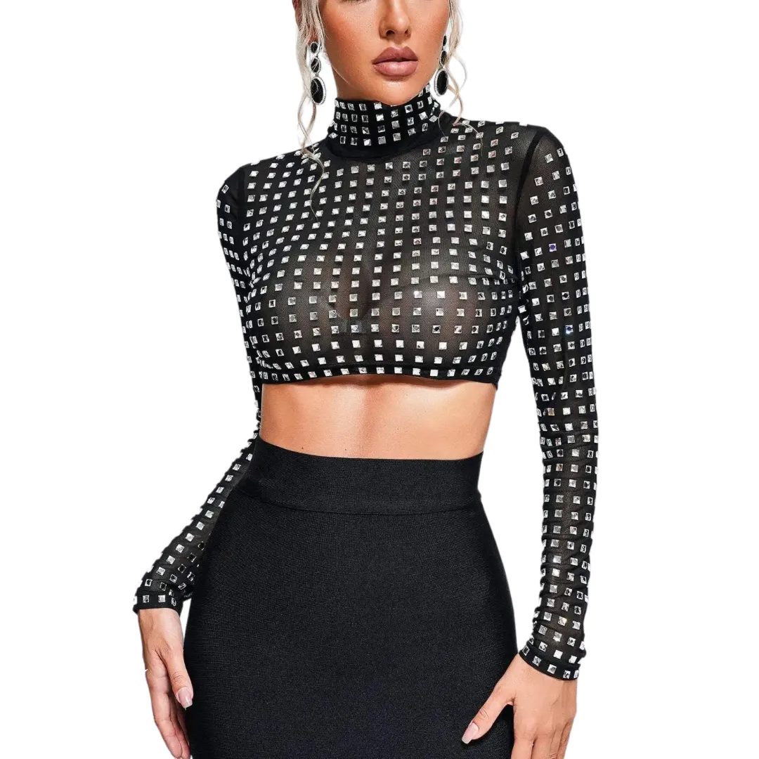 Rhinestone Mesh Pencil Skirt Set