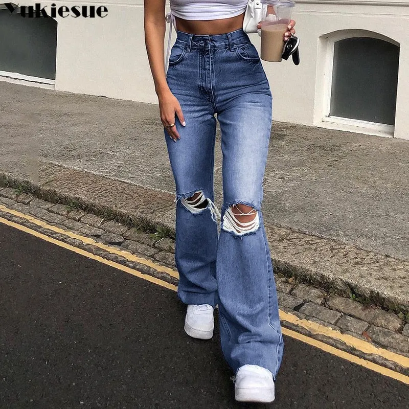 Ripped Flare Straight Jeans with High Waist