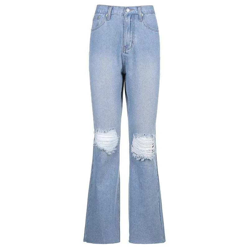 Ripped Flare Straight Jeans with High Waist