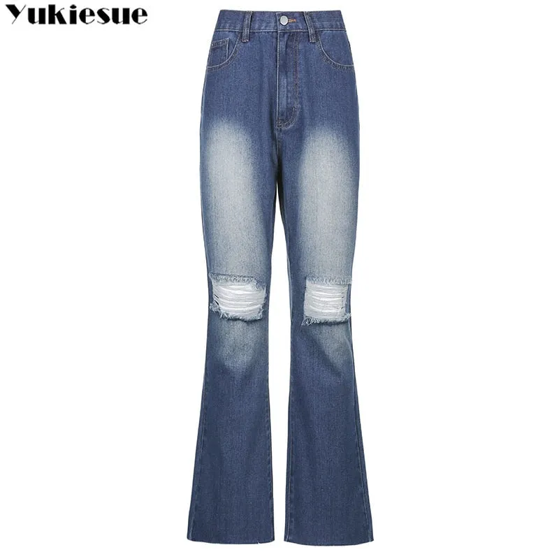 Ripped Flare Straight Jeans with High Waist