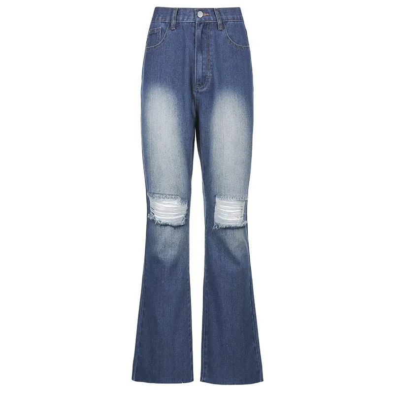 Ripped Flare Straight Jeans with High Waist