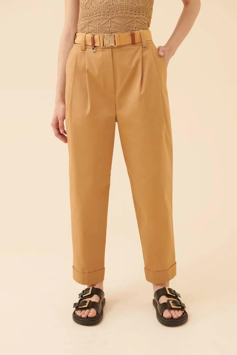 Roman Solid Folded Hem Trousers Brown