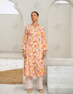 Saba Chikankari Kurta in Mul cotton in Orange Floral