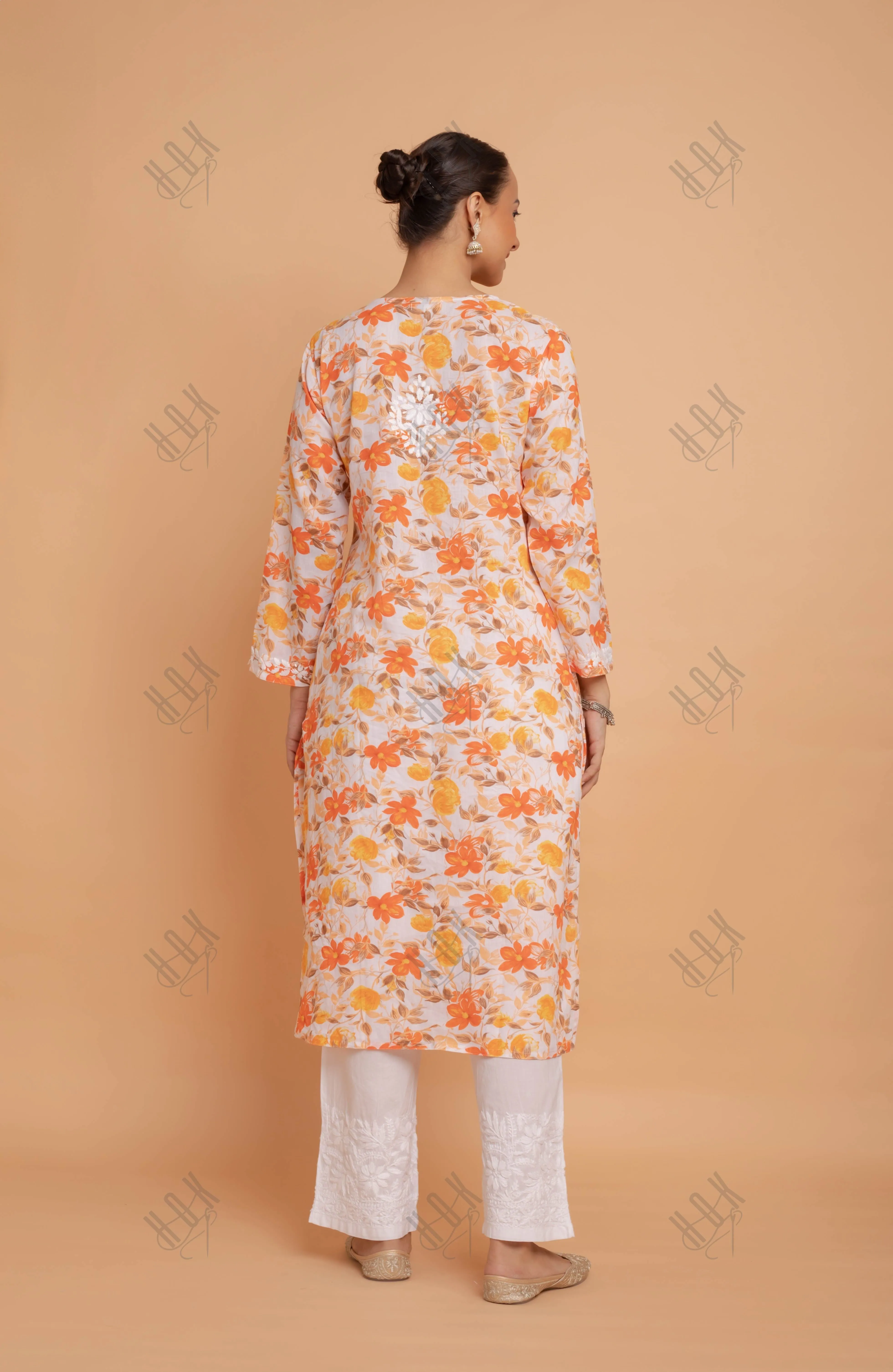 Saba Chikankari Kurta in Mul cotton in Orange Floral