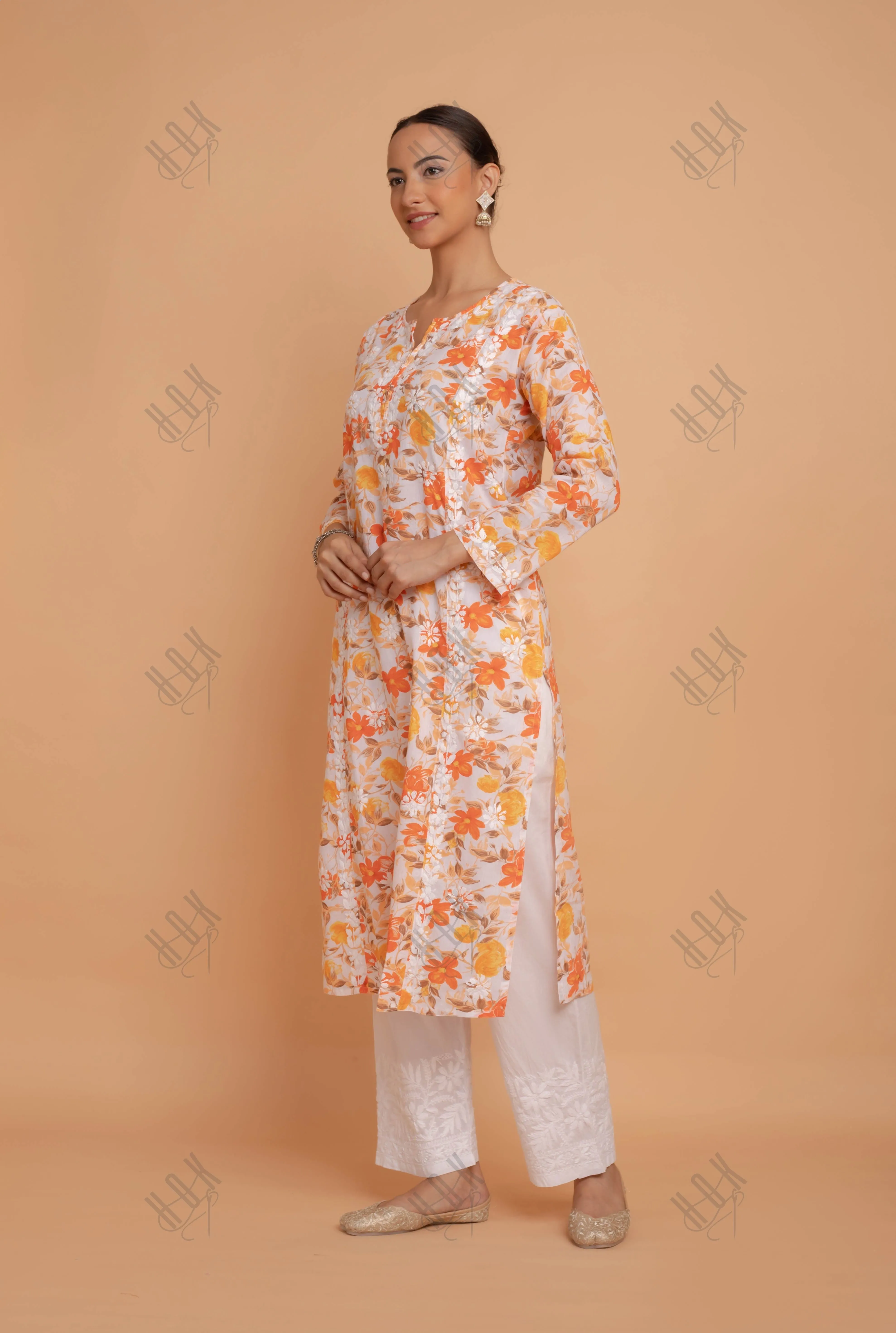 Saba Chikankari Kurta in Mul cotton in Orange Floral