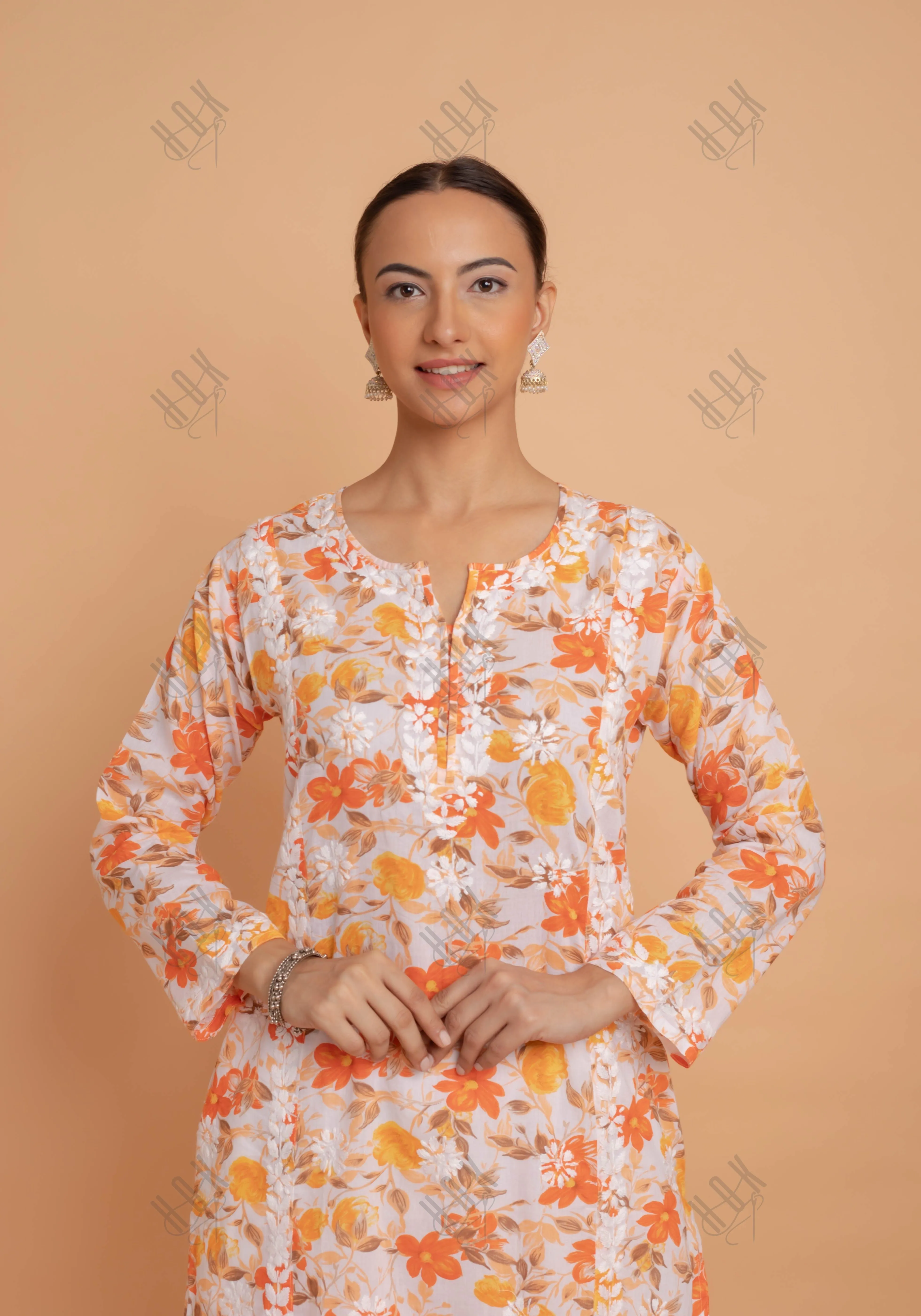 Saba Chikankari Kurta in Mul cotton in Orange Floral