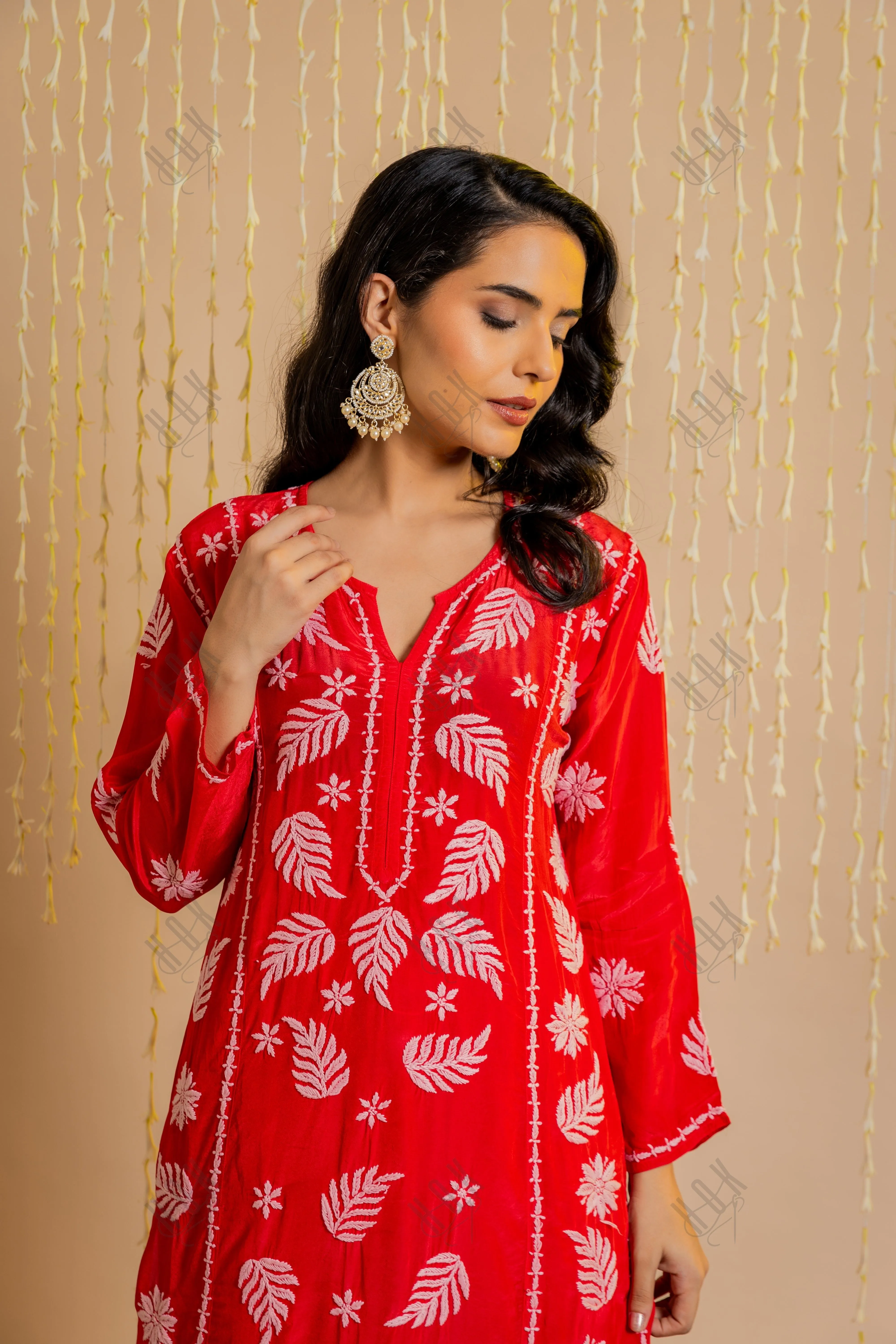 Sanya in Chikankari Crepe Silk Kurta for Women in Red Notch Neck