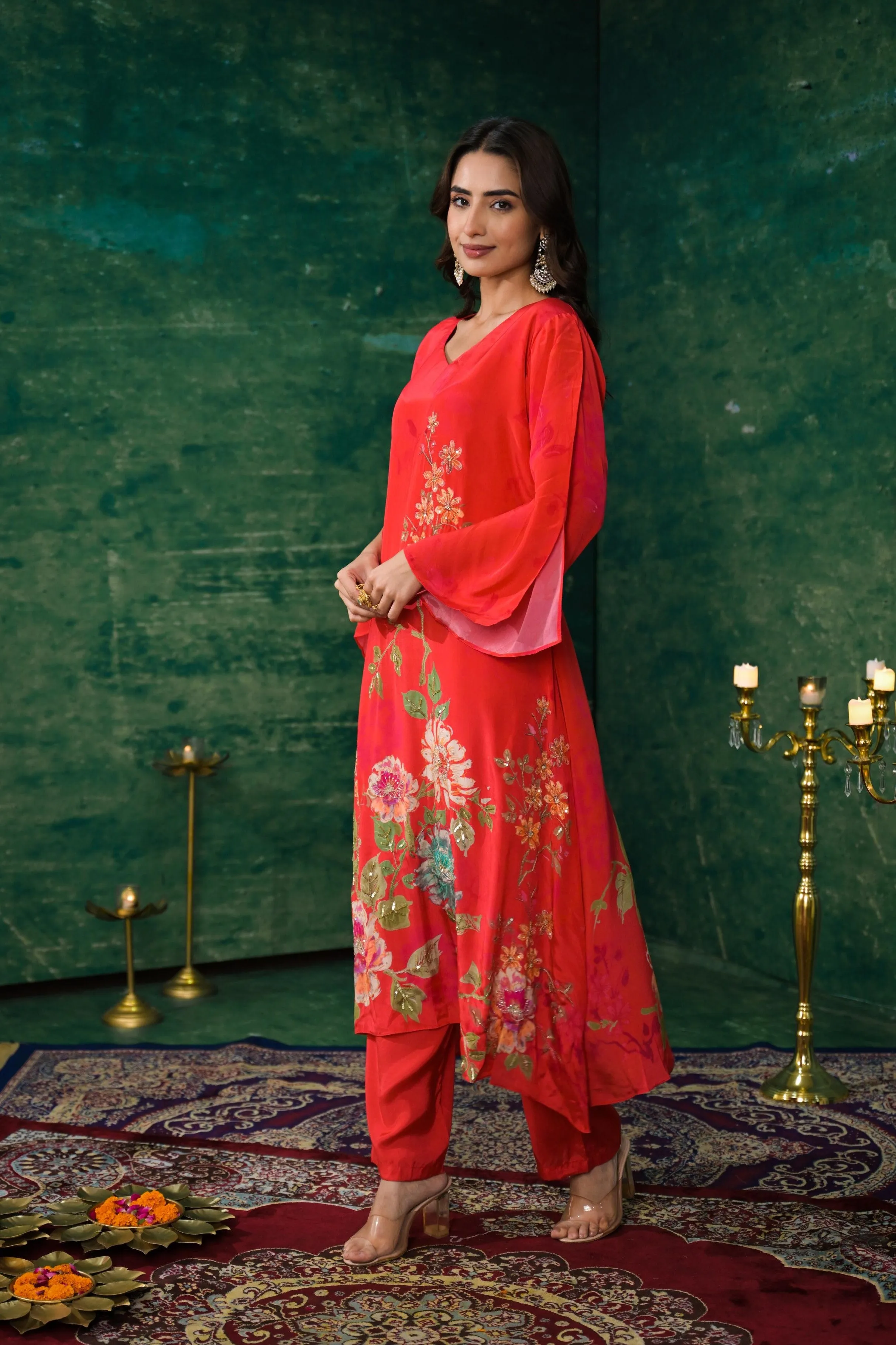 Scarlet Red Floral Printed Crepe Silk Kurta Set