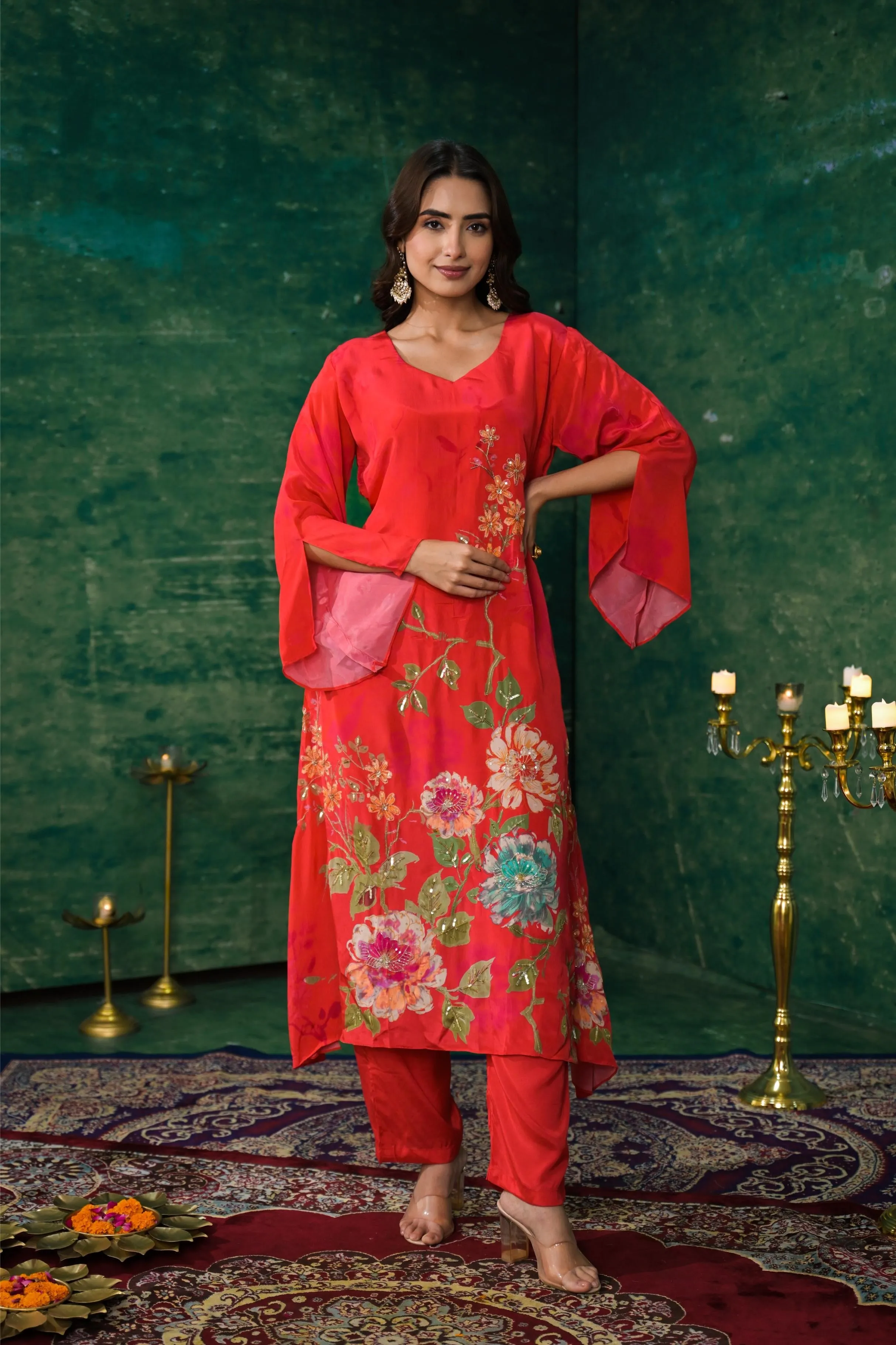 Scarlet Red Floral Printed Crepe Silk Kurta Set