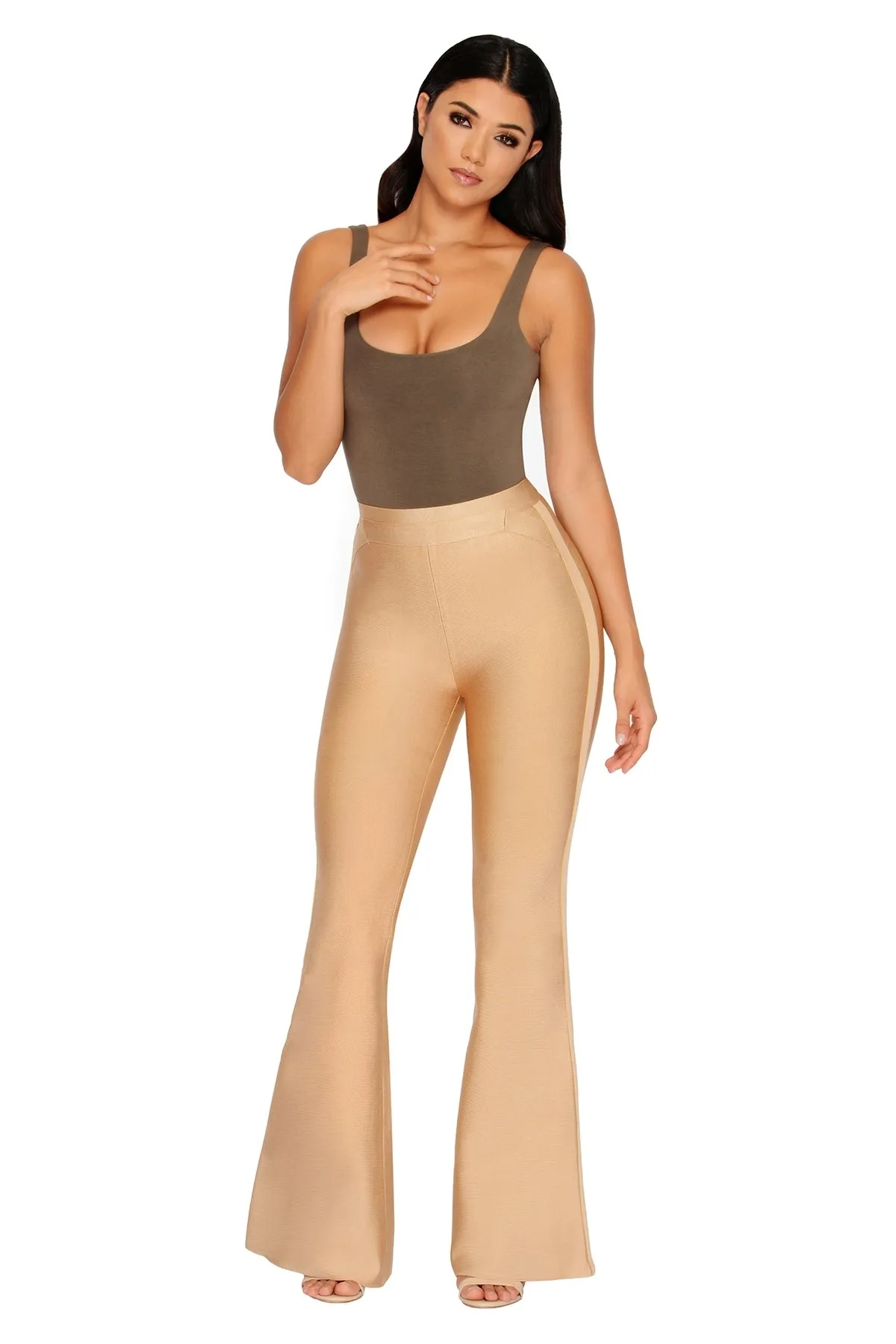 She Who Flares Wins Bandage Flare Trousers in Gold