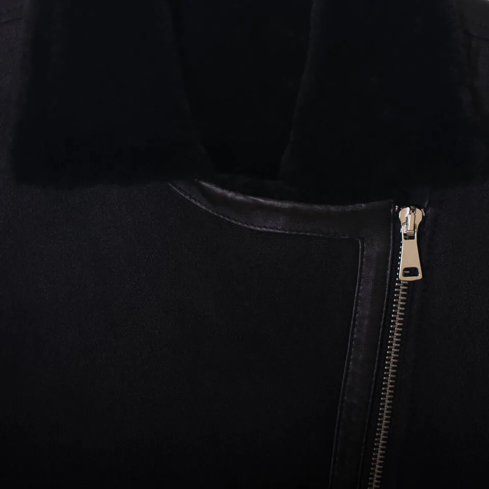 Shearling leather oversized aviator jacket in black