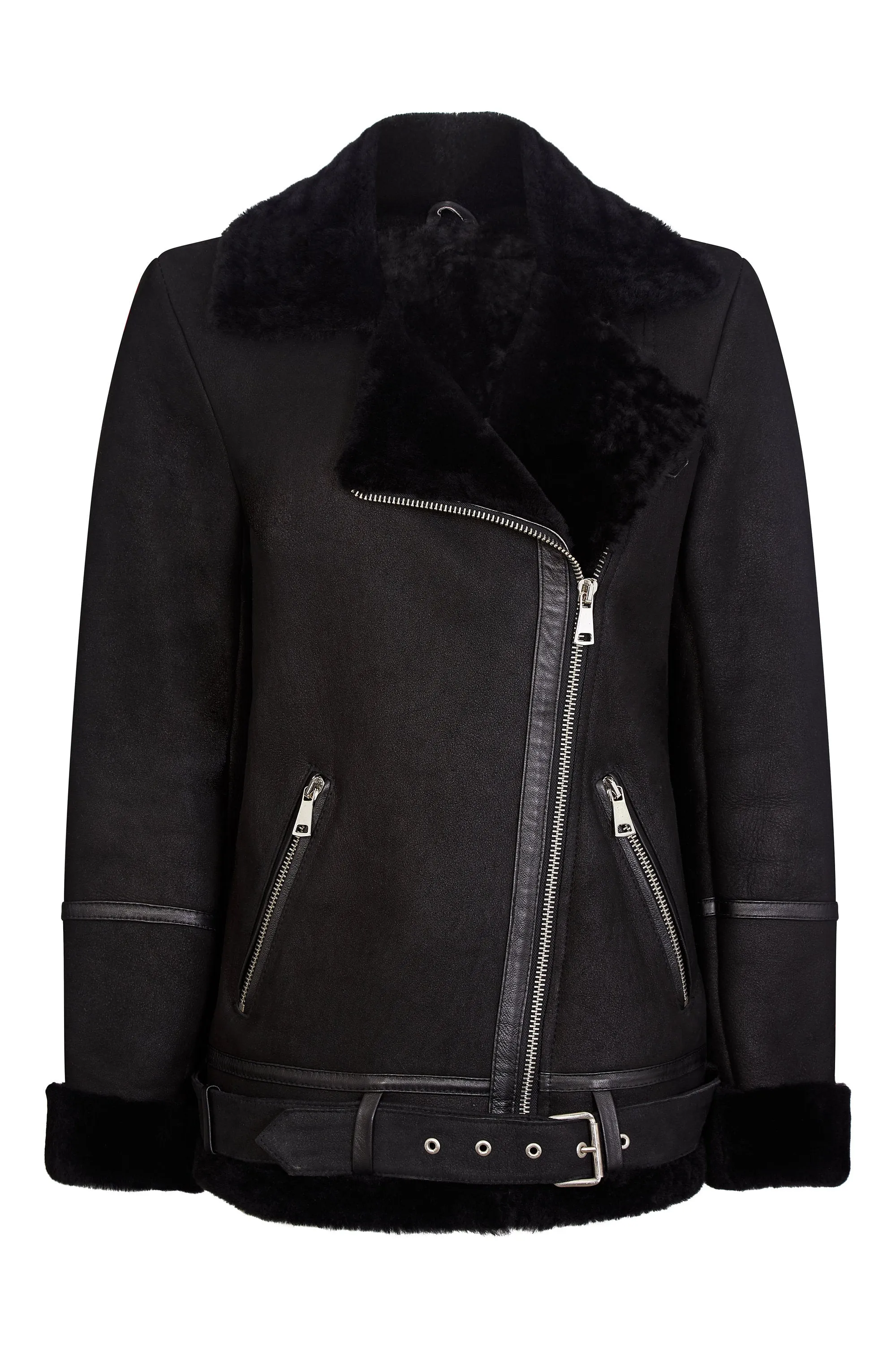 Shearling leather oversized aviator jacket in black