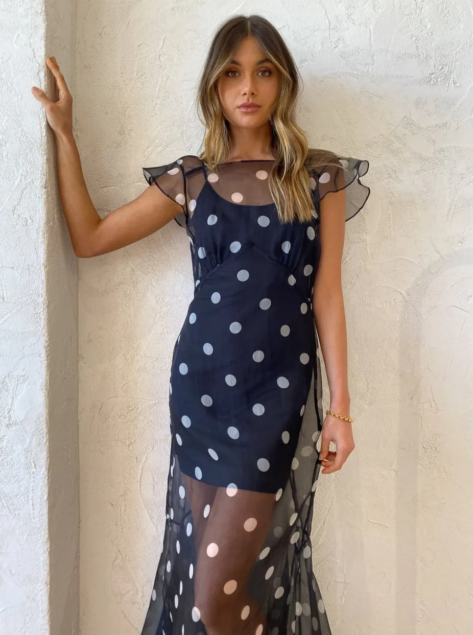 Sir Margot Low Back Gown in Black Polka Dot