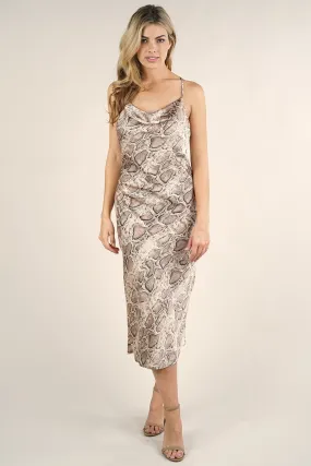 Snakeskin Cowl Neck Midi Slip Dress