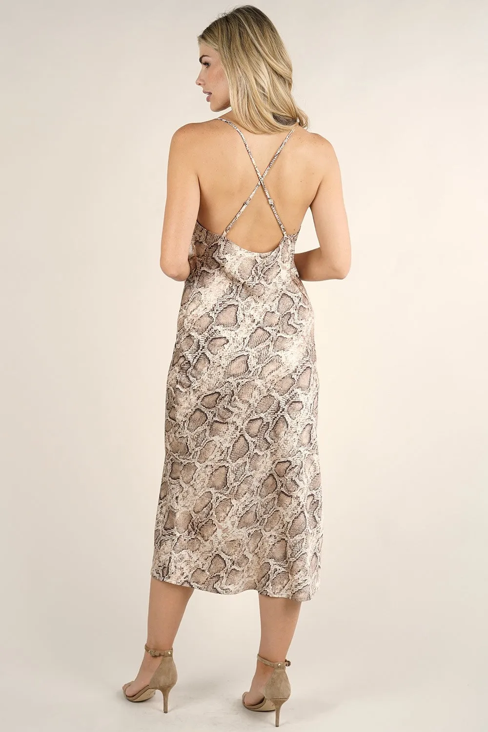 Snakeskin Cowl Neck Midi Slip Dress