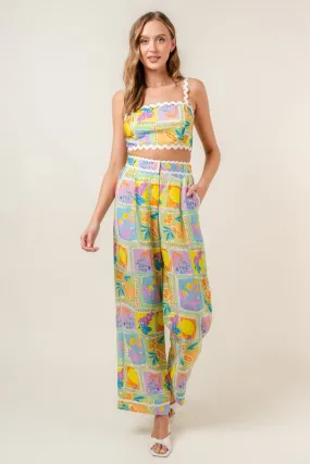 Sorrento 60s Style Fruit Print Wavy Trim Wide Leg Pants