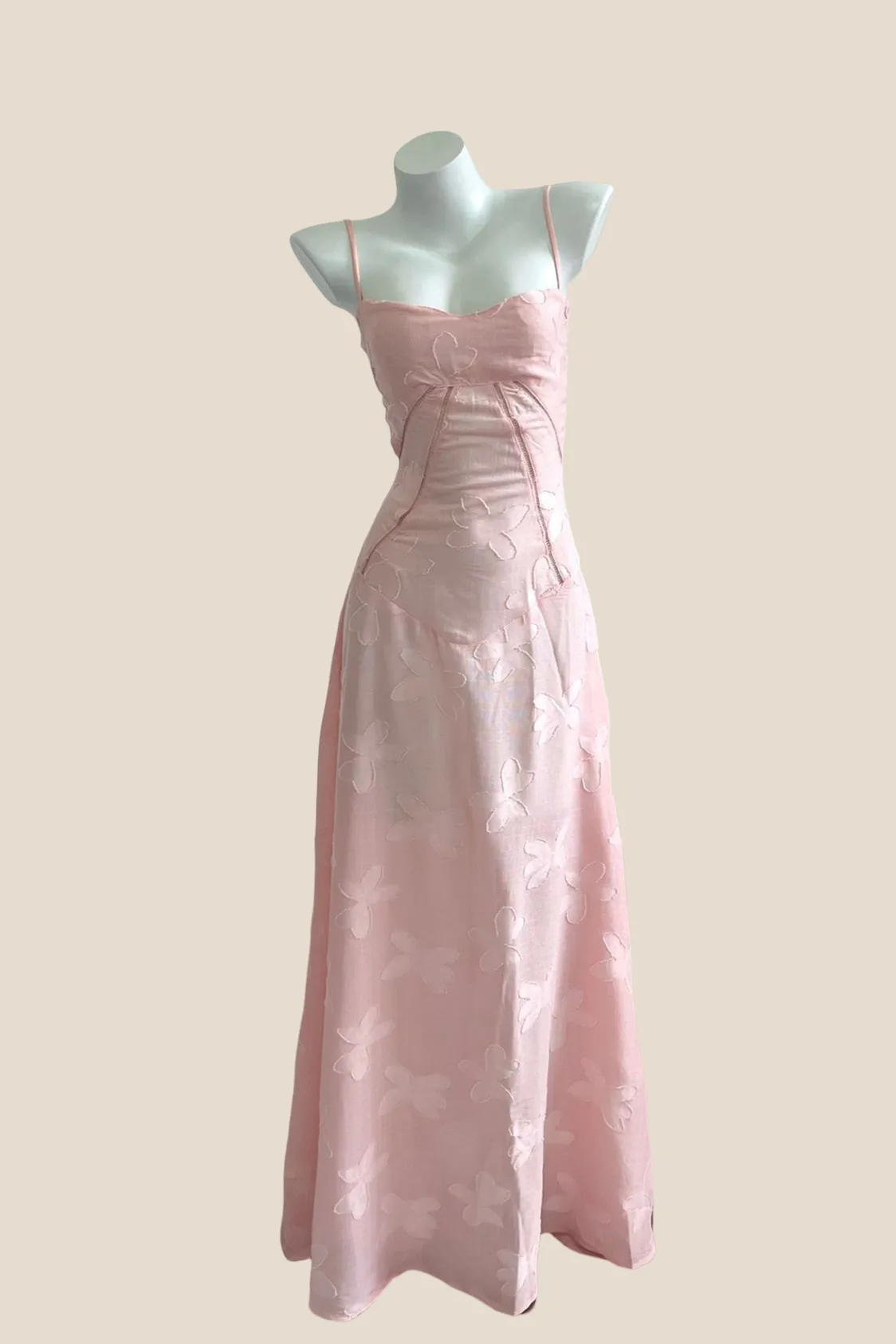 Spaghetti Straps Pink Embroidery Long Dress