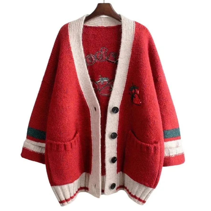 Strawberry Gum Cheerleader Student Uniform Women's Cardigan Korean Style V-neck Knitted Female Casual Kawaii Geek