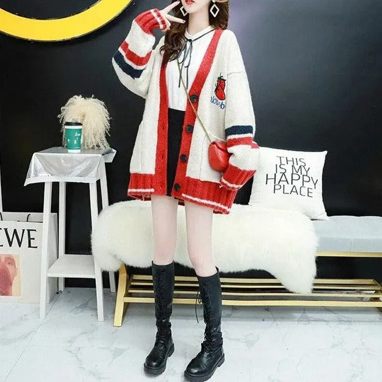 Strawberry Gum Cheerleader Student Uniform Women's Cardigan Korean Style V-neck Knitted Female Casual Kawaii Geek