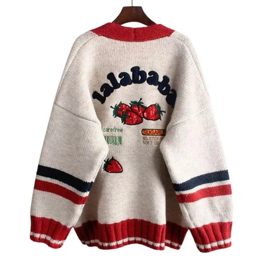 Strawberry Gum Cheerleader Student Uniform Women's Cardigan Korean Style V-neck Knitted Female Casual Kawaii Geek