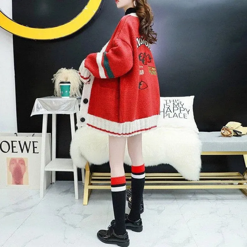 Strawberry Gum Cheerleader Student Uniform Women's Cardigan Korean Style V-neck Knitted Female Casual Kawaii Geek