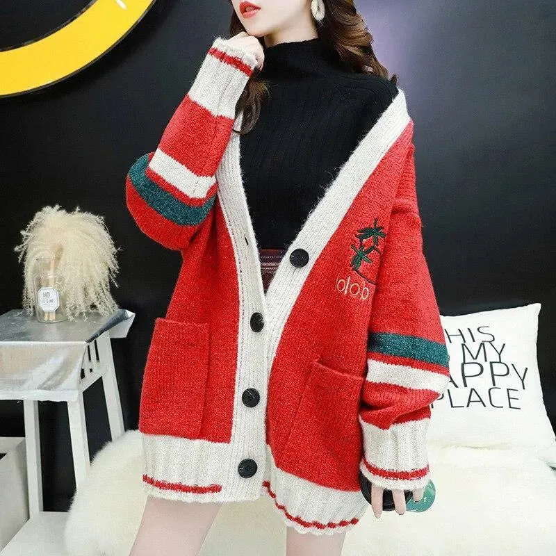 Strawberry Gum Cheerleader Student Uniform Women's Cardigan Korean Style V-neck Knitted Female Casual Kawaii Geek