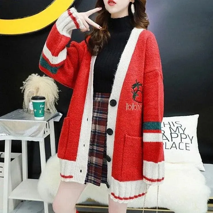 Strawberry Gum Cheerleader Student Uniform Women's Cardigan Korean Style V-neck Knitted Female Casual Kawaii Geek