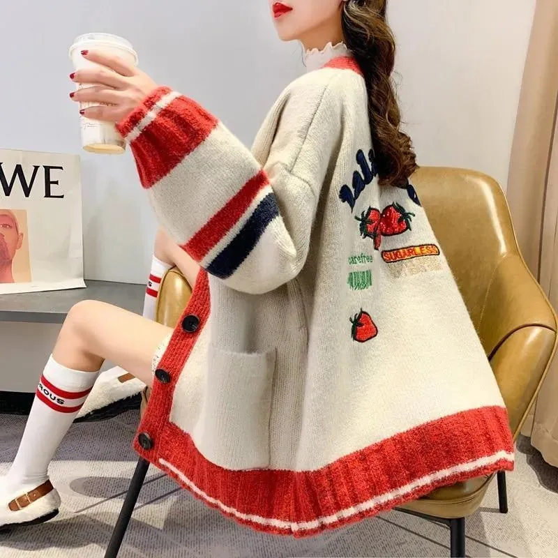 Strawberry Gum Cheerleader Student Uniform Women's Cardigan Korean Style V-neck Knitted Female Casual Kawaii Geek