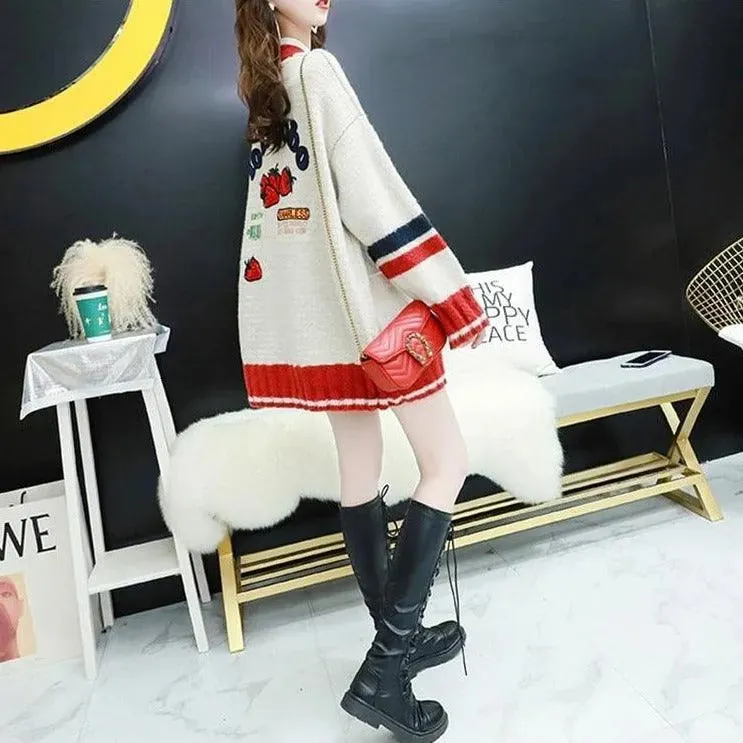 Strawberry Gum Cheerleader Student Uniform Women's Cardigan Korean Style V-neck Knitted Female Casual Kawaii Geek