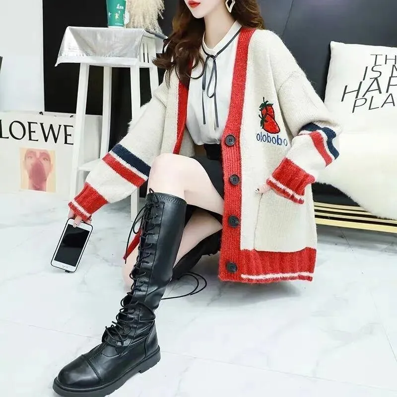 Strawberry Gum Cheerleader Student Uniform Women's Cardigan Korean Style V-neck Knitted Female Casual Kawaii Geek