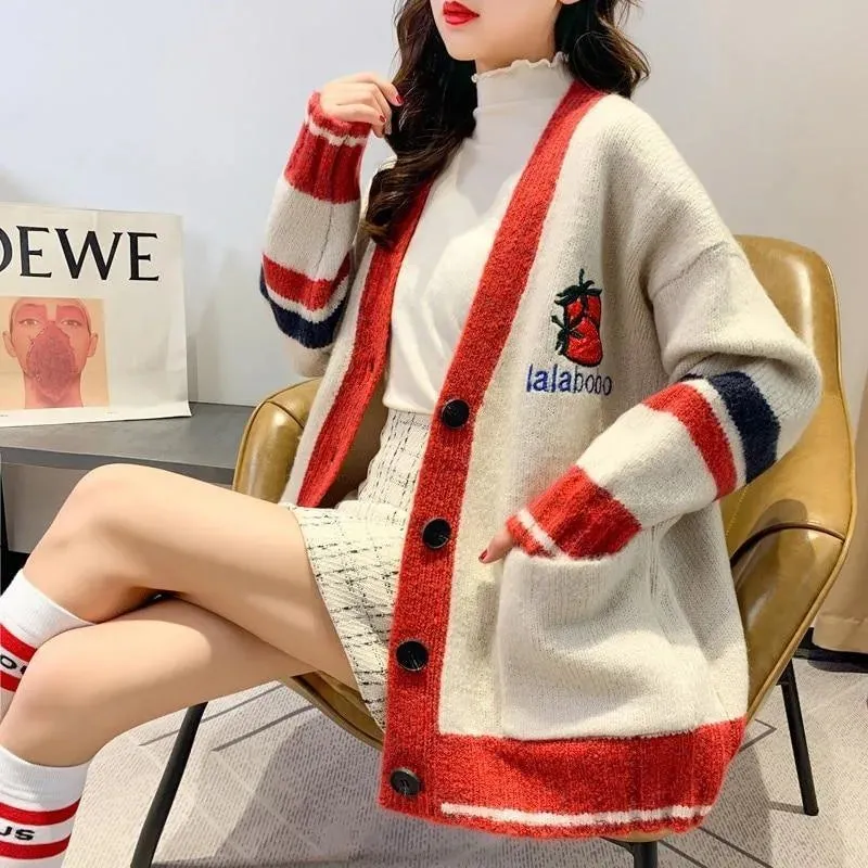 Strawberry Gum Cheerleader Student Uniform Women's Cardigan Korean Style V-neck Knitted Female Casual Kawaii Geek