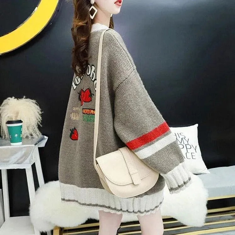 Strawberry Gum Cheerleader Student Uniform Women's Cardigan Korean Style V-neck Knitted Female Casual Kawaii Geek