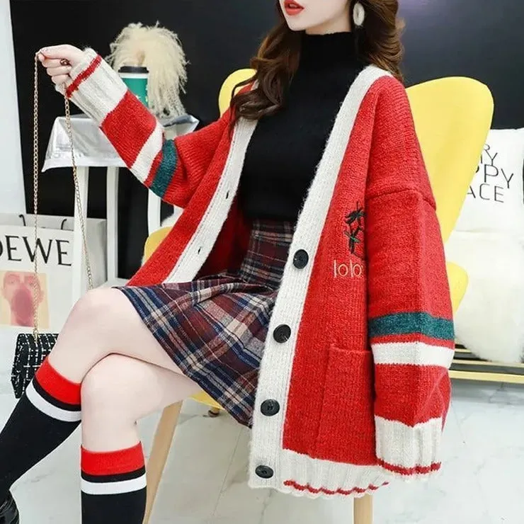 Strawberry Gum Cheerleader Student Uniform Women's Cardigan Korean Style V-neck Knitted Female Casual Kawaii Geek