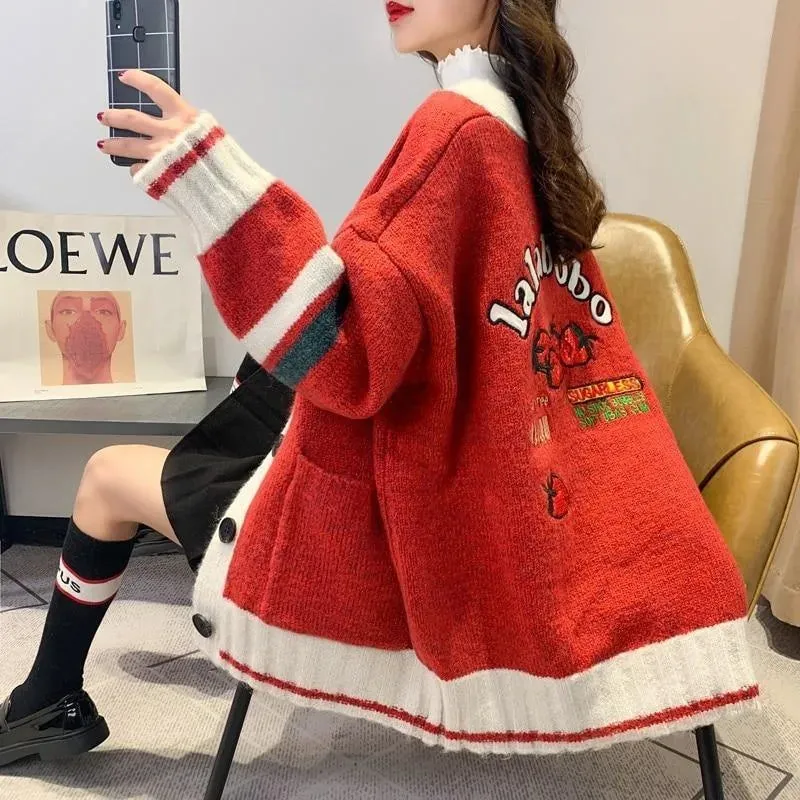 Strawberry Gum Cheerleader Student Uniform Women's Cardigan Korean Style V-neck Knitted Female Casual Kawaii Geek