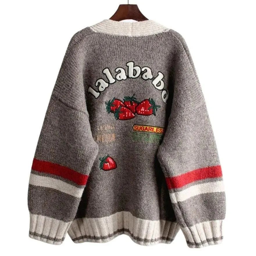 Strawberry Gum Cheerleader Student Uniform Women's Cardigan Korean Style V-neck Knitted Female Casual Kawaii Geek